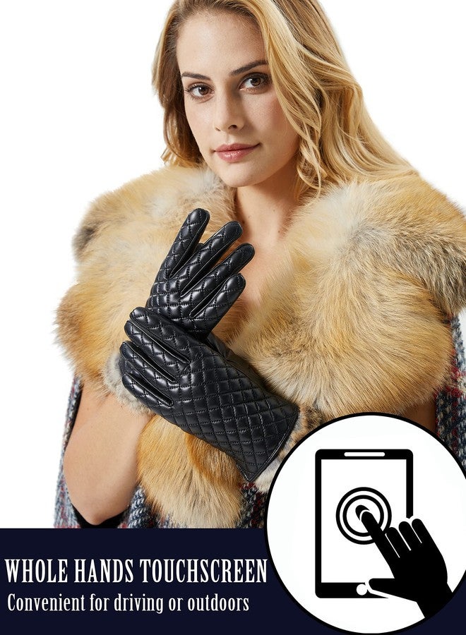 VIKIDEER Winter Warm Cashmere Lining Rabbit Fur Cuffs Leather Gloves for Women Touchscreen Black Large - Image 5